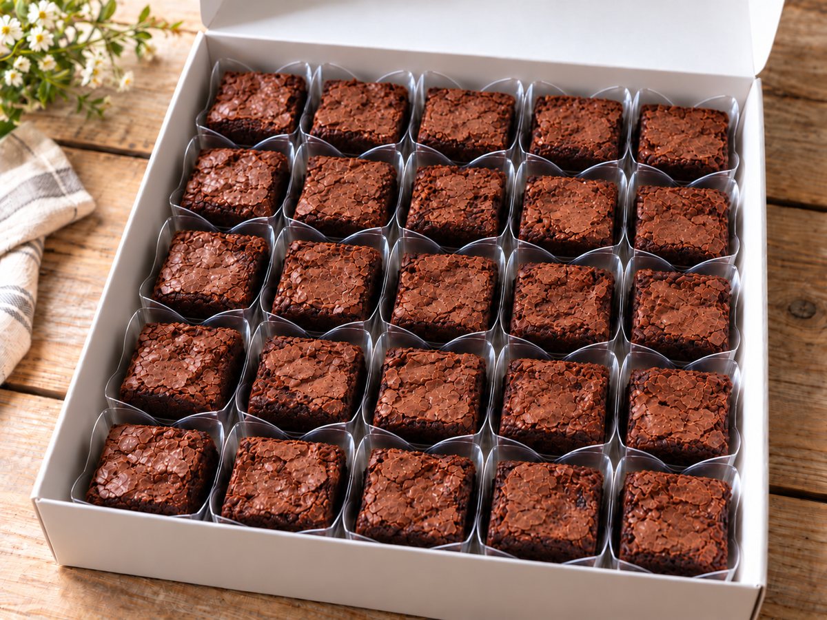 Caixa aberta com 25 mini brownies em forminhas de pétala transparentes