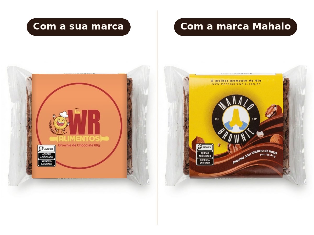 Snack de brownie com a marca de um cliente ao lado do snack com a marca Mahalo